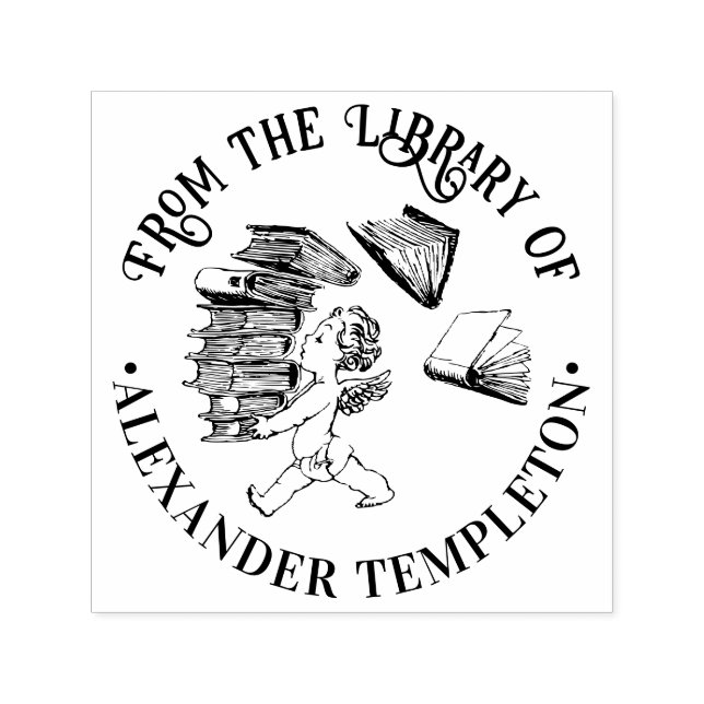 Cherub Carrying Falling Pile of Books Library Name Self-inking Stamp (Design)