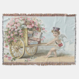 Cherub Cupid Mail Rose Candy Cart Throw Blanket