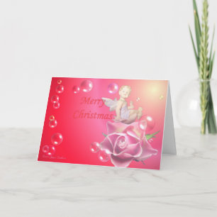 Cherub On A Rose With Bubbles - Merry Christmas Holiday Card