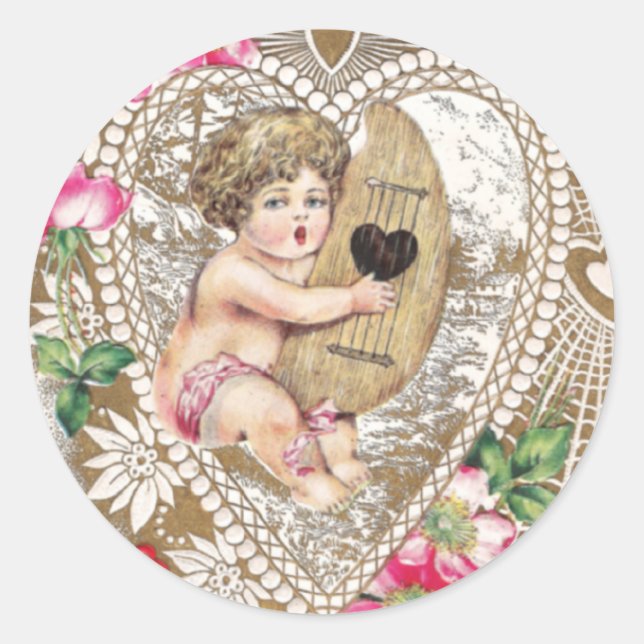 Cherub Playing Harp Illustration Classic Round Sticker (Front)