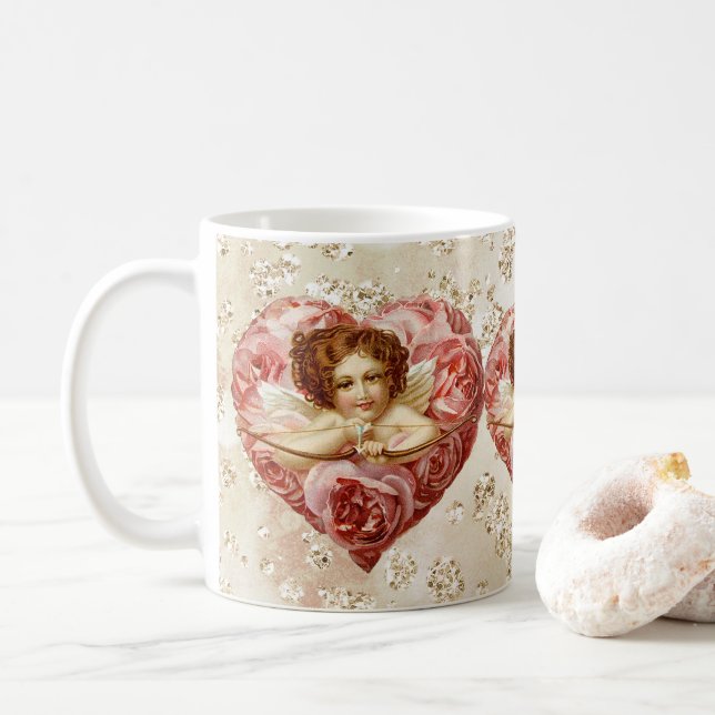 Cherub w/ Arrow Roses Heart Bokeh Bling Coffee Mug (With Donut)
