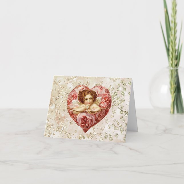 Cherub w/ Arrow Roses Heart Bokeh Bling Holiday Card (Front)