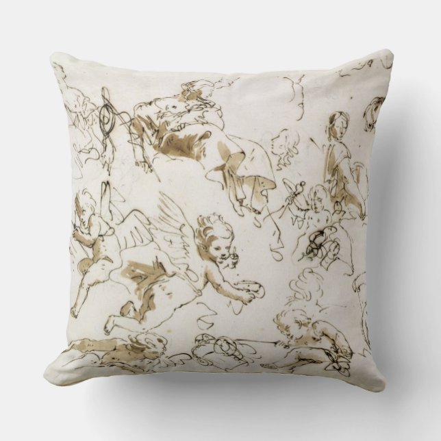 Cherubs, early 18th century (pen and ink and wash throw pillow (Front)