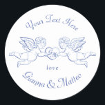 Cherubs Holding Heart Couple Cupids Initials Classic Round Sticker<br><div class="desc">Two winged cherubs holding heart with editable initials and text on oval sticker</div>