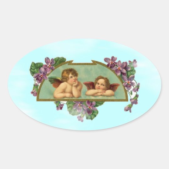 Cherubs Keeping Watch From Heaven Oval Sticker