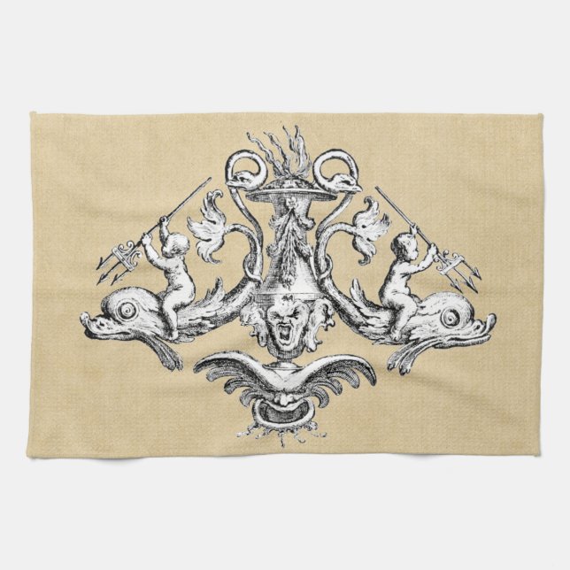 Cherubs with Tridents on Dolphins Kitchen Towel (Horizontal)