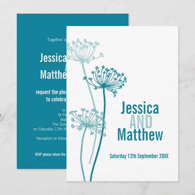 Chervil graphic modern flower teal fall wedding invitation (Front/Back)