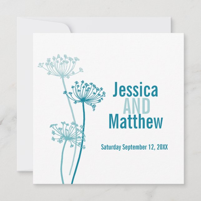 Chervil graphic modern flower teal wedding invite (Front)
