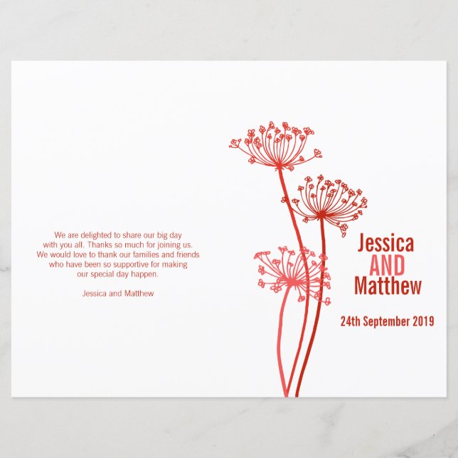 Chervil graphique rouge fleur programme de mariage (Devant)