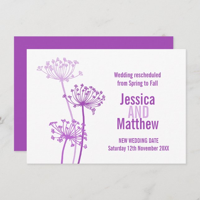 Chervil modern flower purple wedding rescheduled invitation (Front/Back)