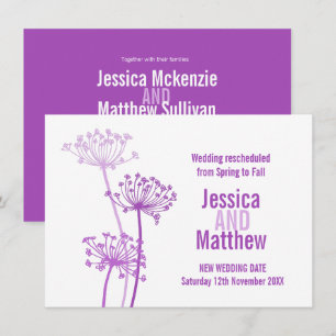 Chervil modern flower purple wedding rescheduled invitation