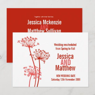 Chervil modern flowerheads red wedding rescheduled invitation