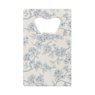 Chery blossom branches in blue and off white credit card bottle opener