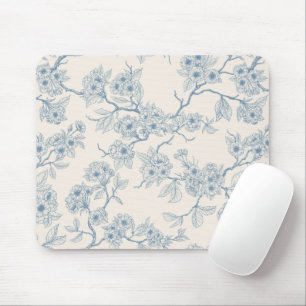 Chery blossom branches in blue and off white mouse pad
