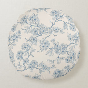 Chery blossom branches in blue and off white round pillow
