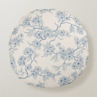 Chery blossom branches in blue and off white round pillow