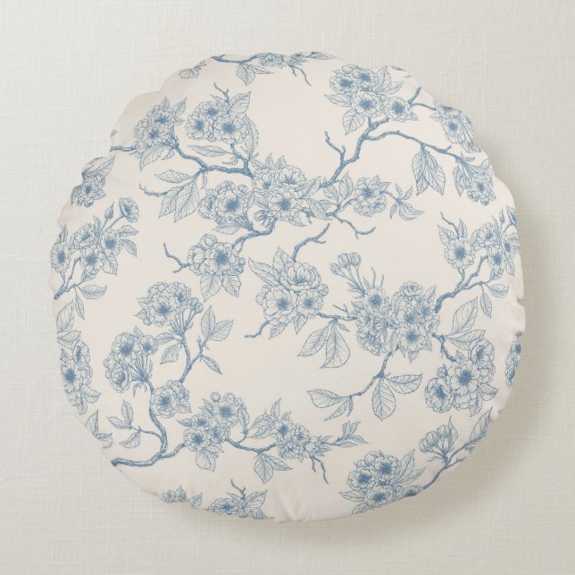 Chery blossom branches in blue and off white round pillow (Front)