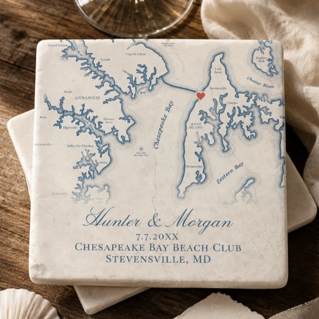 Chesapeake Bay Beach Club Wedding Map Keepsake Stone Coaster (Chesapeake Bay Beach Club Wedding Favor Stone Coaster with Stevensville MD Map by Coastal Map Design)