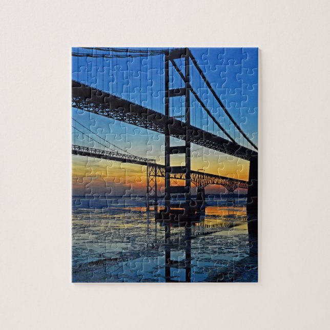 Chesapeake Bay Bridge Sunset Over Icy Waters Jigsaw Puzzle (Vertical)