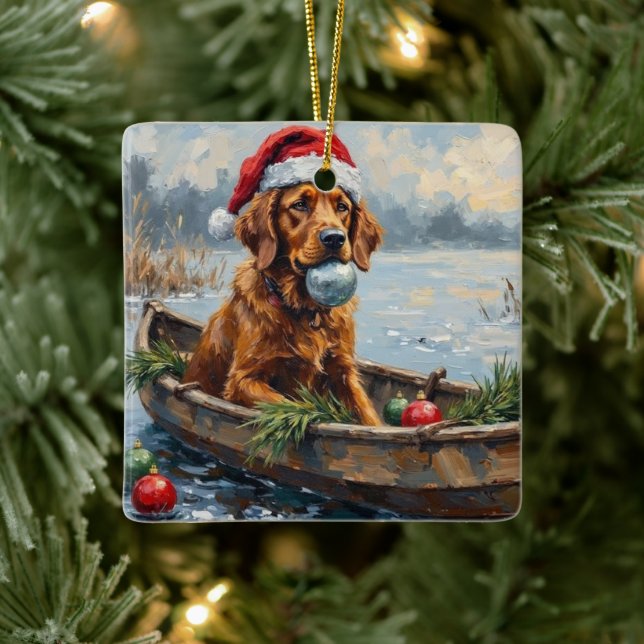 Chesapeake Bay Retriever Christmas Hunting Boat Ceramic Ornament (Tree)