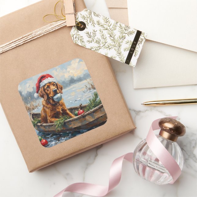 Chesapeake Bay Retriever Christmas Hunting Boat Square Sticker (Gifting)