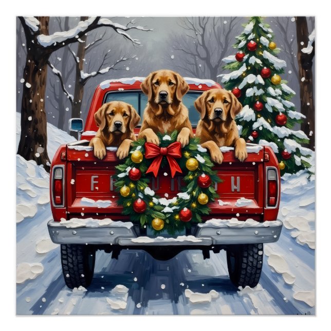Chesapeake Bay Retriever Christmas Red Truck  Poster (Front)