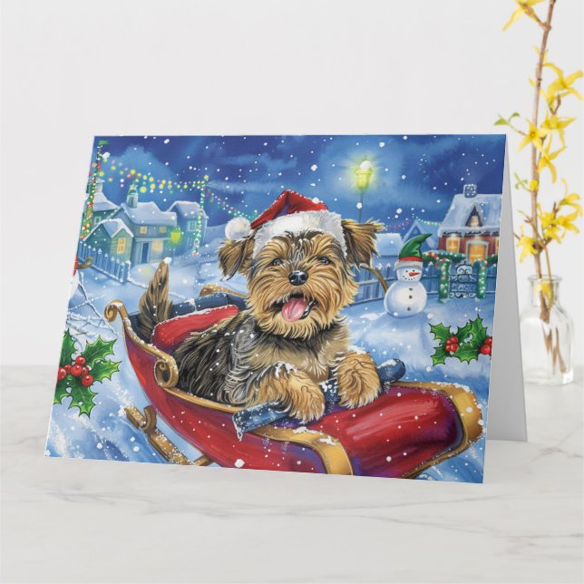 Chesapeake Bay Terrier Sleigh Snow Christmas Card (Yellow Flower)