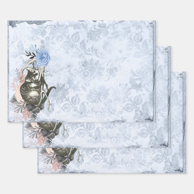 Cheshire Cat Alice in Wonderland Blue Wrapping Paper Sheet (Set)