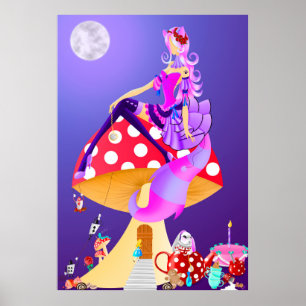 Cheshire Cat on Mushroom under the Moonlight Poster
