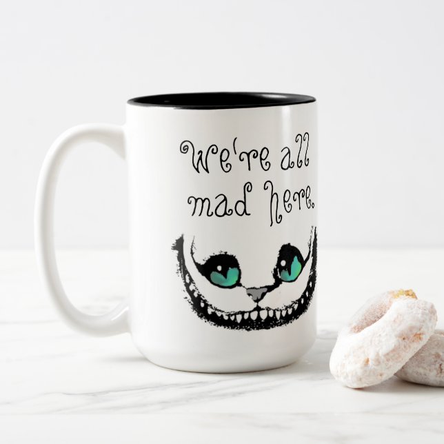 Cheshire Cat We're All Mad Here Entirely Bonkers Two-Tone Coffee Mug (With Donut)