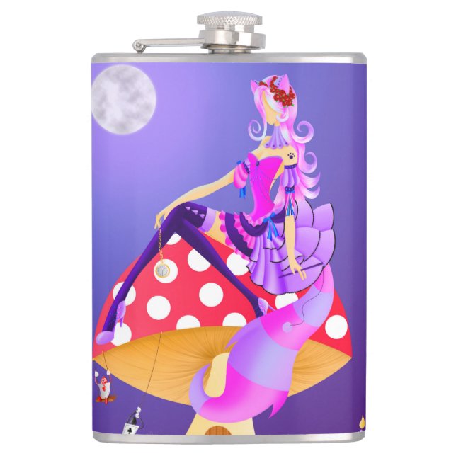 Cheshire Cate on Mushroom Hip Flask (Front)