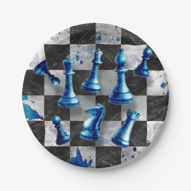 Chess Abstract Art - Blue Marble Paper Plate (Front)