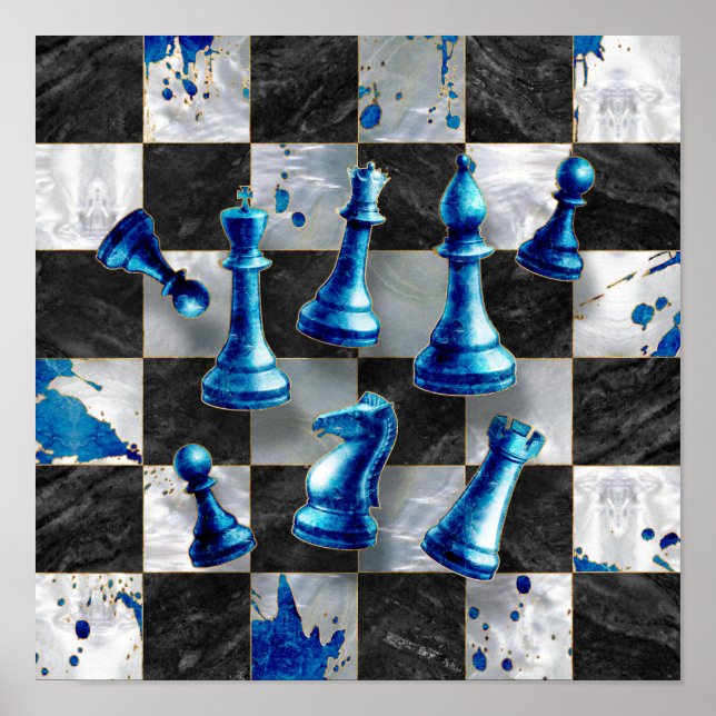 Chess Abstract Art - Blue Marble Poster (Front)