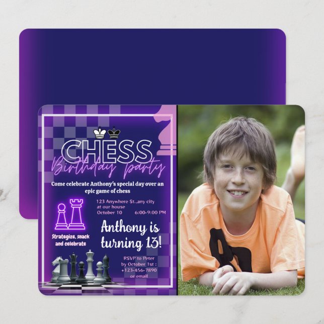 Chess Birthday Party Invitation Custom Photo Neon (Front/Back)