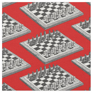 Chess Board and Chess Pieces Vintage Art Fabric