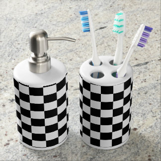 Chess Board Black and White Tiles Soap Dispenser And Toothbrush Holder