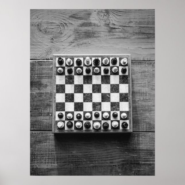 Chess Board Game on Rustic Wooden Table Poster (Front)