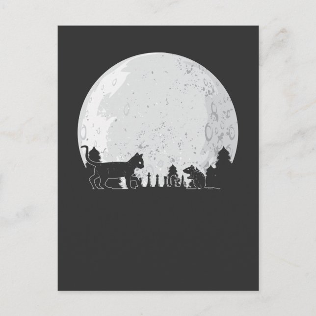 Chess Board Player Cat Mouse Full Moon Postcard (Front)