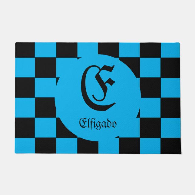 Chess Club Custom Name Initial Chequered Doormat (Front)