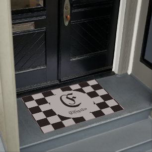 Chess Club Custom Name Initial Chequered Doormat