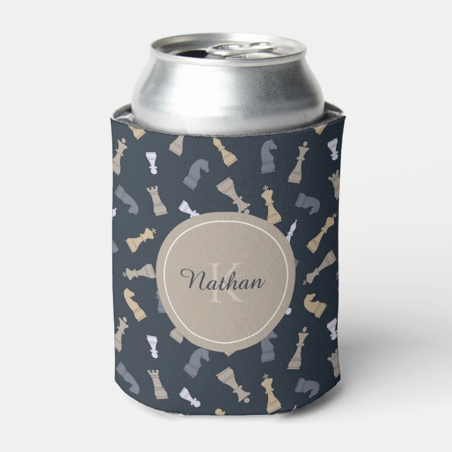 Chess Figures Masculine Monogram Initial Name Blue Can Cooler (Can Front)