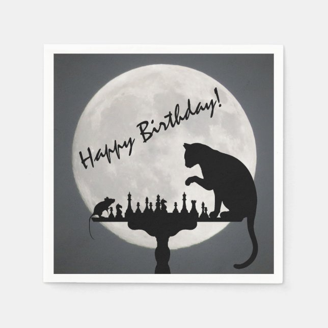 Chess Full Moon Cat and Mouse Game Happy Birthday! Napkin (Front)