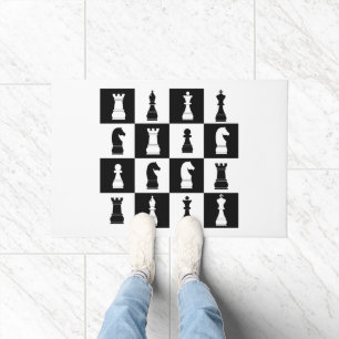 Chess Game Figures Black and White Pattern Doormat