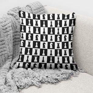 Chess Game Figures Black and White Pattern Throw Pillow