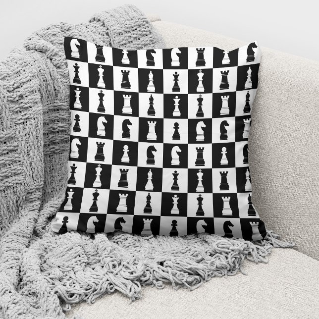 Chess Game Figures Black and White Pattern Throw Pillow (Creator Uploaded)