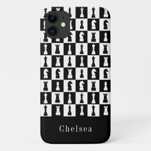 Chess Game Figures Pattern Black & White Name iPhone 11 Case