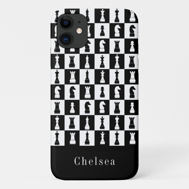 Chess Game Figures Pattern Black & White Name Case-Mate iPhone Case (Back)