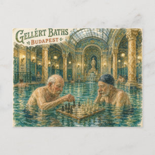 Chess in the Gellert Baths Budapest Hungary Holiday Postcard