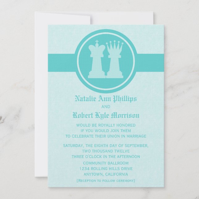 Chess King and Queen Wedding Invitation, Aqua Invitation (Front)