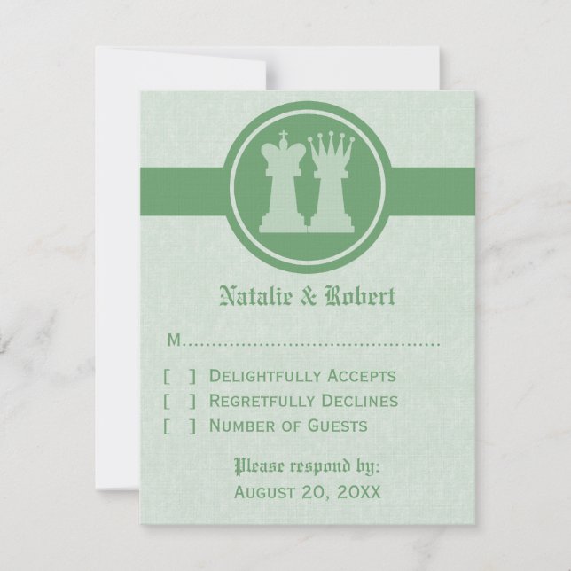 Chess King and Queen Wedding Response Card, Green (Front)
